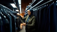 Photo of a muslim women wearing badge holder checking a new clothes in a hanger shelf.  