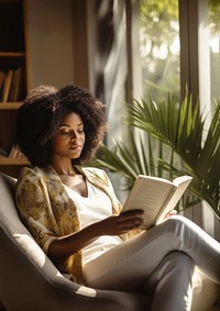 Photo of an african women wearing casual clothes reading book on an armchair, modern livingroom.  