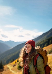 Photo of happy smiling woman hiking in mountains. AI generated Image by rawpixel. 