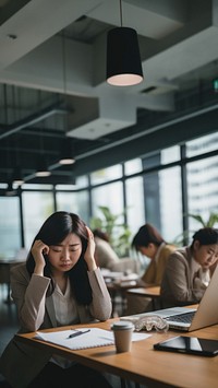 Photo of middle age asian office women having a bad day at office.  