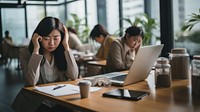 Photo of middle age asian office women having a bad day at office.  