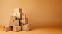 Photo of stacked moving boxes, isolated on beige background.  