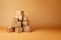 Photo of stacked moving boxes, isolated on beige background.  