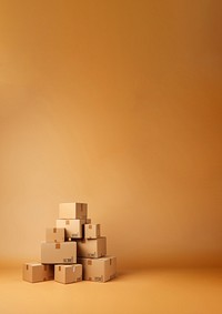 Photo of stacked moving boxes, isolated on beige background.  