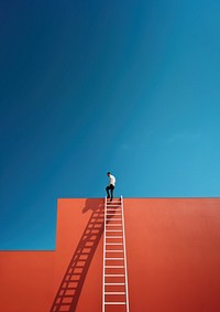 Photography of a man climbing a ladder to the roof.  