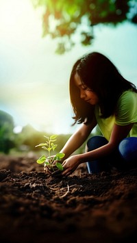 Photorealistic of diverse teenager planting a garden.  