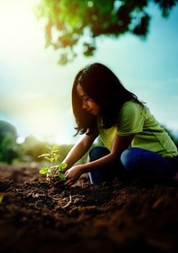 Photorealistic of diverse teenager planting a garden.  