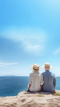 Traveler senior couple look at the sea.  