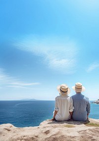 Traveler senior couple look at the sea.  