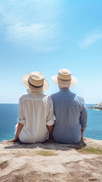 Traveler senior couple look at the sea.  