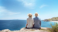 Traveler senior couple look at the sea.  