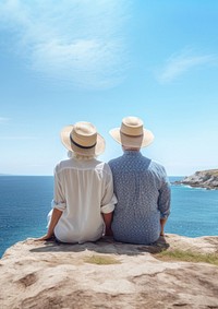 Traveler senior couple look at the sea.  