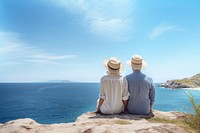 Traveler senior couple look at the sea.  