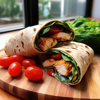 Chicken wrap tomato bread food. 