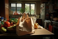 Grocery bag table bread food. 