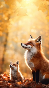 full body a mother fox stands with kid gather around Beside her.  