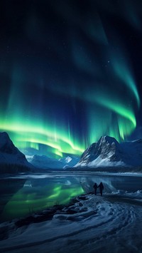 High angle side view photo of a frozen lake in the valley, at night.  