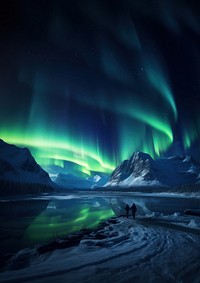 High angle side view photo of a frozen lake in the valley, at night.  