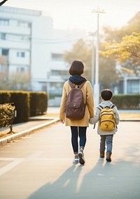 photo of back view asian middle age mom and son walking by holding hand.  