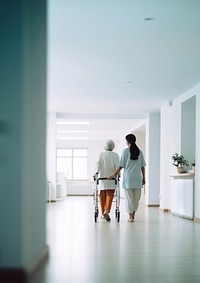 minimal, photo of nurse supporting old woman patient with orthopedic problem to walk in hospital.  