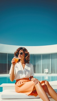 photo of a women with summer outfits sitting next to the luxury modern pool.  