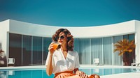photo of a women with summer outfits sitting next to the luxury modern pool. AI generated Image by rawpixel. 