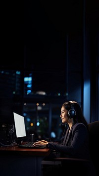 Photo of Businesswoman with headphones smiling during video conference. 