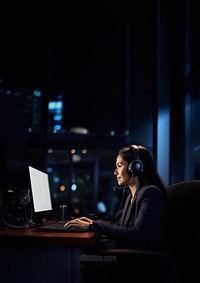 Photo of Businesswoman with headphones smiling during video conference. 