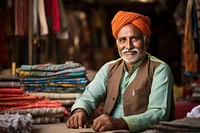 Indian Cloth merchant smiling sitting adult. 