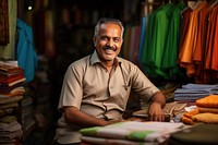 Indian Cloth merchant smiling adult smile. 