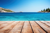 Wooden table sea sky outdoors. 