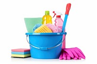 Plastic bucket cleaning brush white background. 