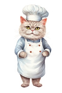 Mammal chef cat white background. 