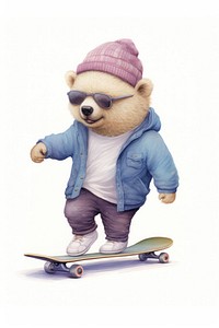 Bear playing skateboard cute toy white background. 