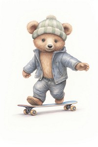 Bear playing skateboard footwear toy white background. 