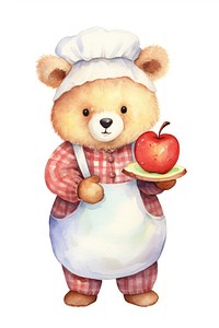 Cute bear chef holding apple pie cartoon food white background. 