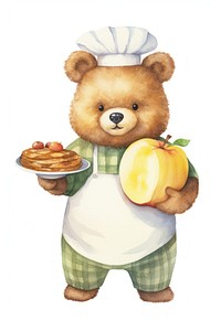 Cute bear chef holding apple pie cartoon food toy. 