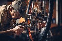 Technician repairing bicycle wheel tire bicycle shop. 