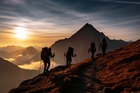 Mountain silhouettes hiking recreation adventure outdoors. 