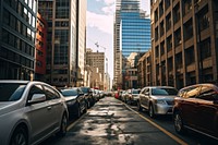 Cars parking building street city. 