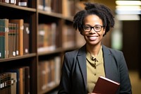 African-American female professional wearing glasses book publication bookcase. 