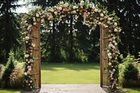 Wedding ceremony newlyweds architecture outdoors flower. 