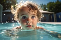 Swimming baby portrait outdoors. 