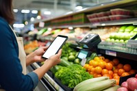 Cashless payment scanning supermarket screen adult. 