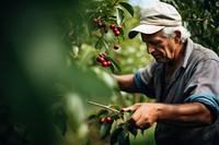 Man picking cherries gardening outdoors nature. 