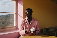 Man drinking tea sitting smiling coffee. AI generated Image by rawpixel.