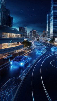 3D render of an autonomous vehicle navigating a cityscape.  