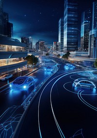 3D render of an autonomous vehicle navigating a cityscape.  