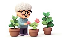 Senior woman character watering a flower pots plant cute white background. AI generated Image by rawpixel.