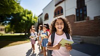 a photo of a elementary school students in front of a elementary school in summer.  